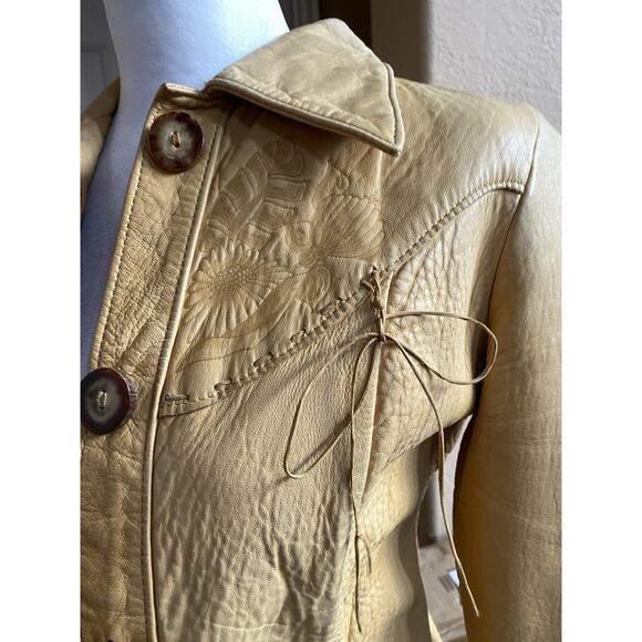 Vtg Santa Fe Leather floral embossed Shirt jacket womens S tan western boho USA - Picture 10 of 16